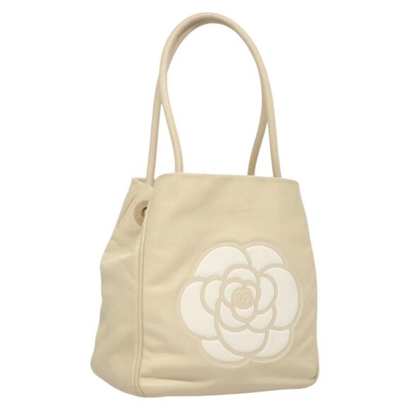 CHANEL Camelia COCO Mark Tote Bag Lamb Skin Beige CC - Picture 1 of 15
